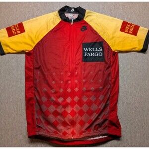 Wells Fargo Bank Cycling Biker Shirt Mens Large Black Red Full Zip Biking Race